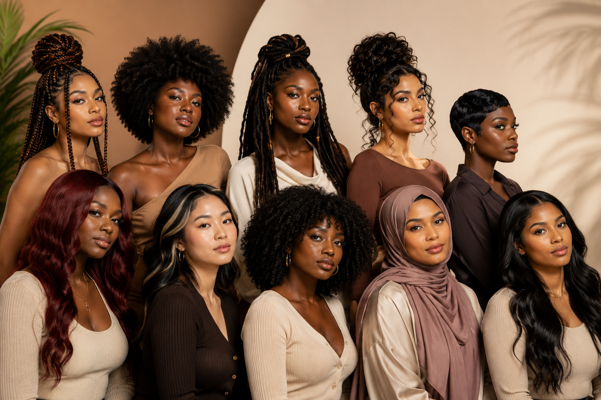Diverse women showcasing natural hair, braids, locs, wigs and hijab for Lethu Hair & Beauté.